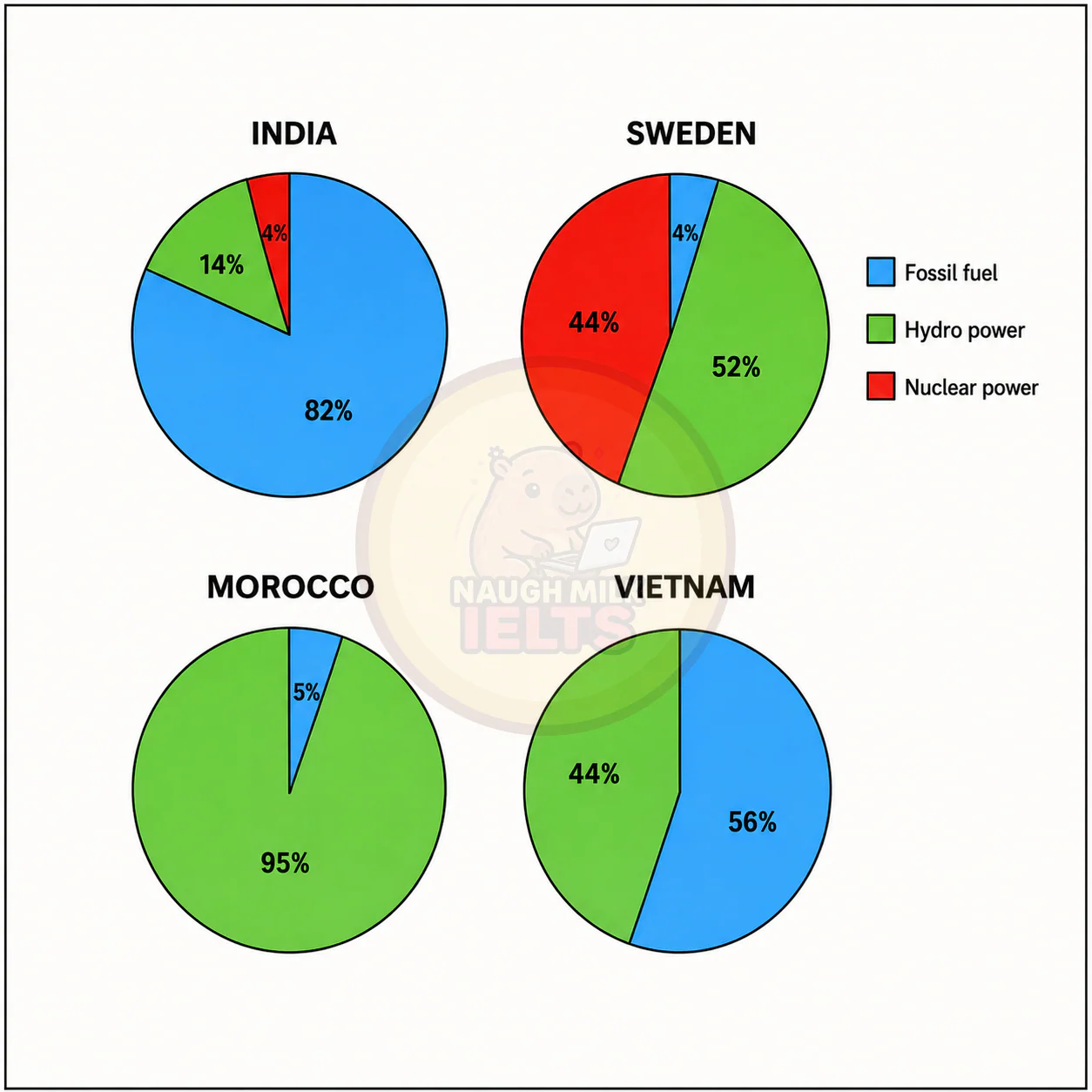 Task 1: The charts show the sources of the electricity produced in four countries in 2008.