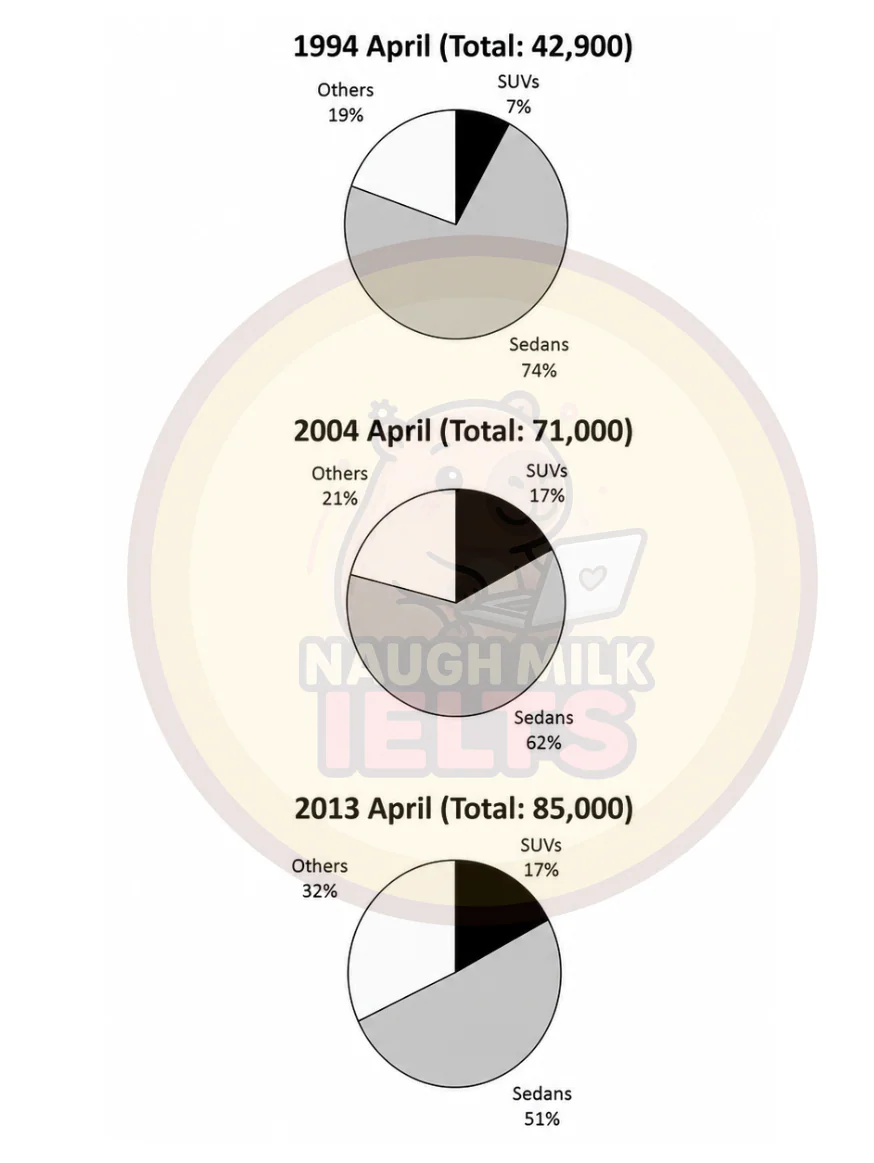 Task 1: The charts below show the number and percentage of the sales of new cars in Australia in April in 1994, 2004 and 2013.