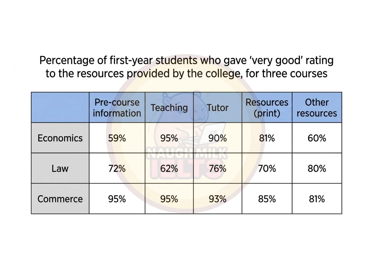 Task 1 - Student Satisfaction Ratings for College Resources Across Three Courses