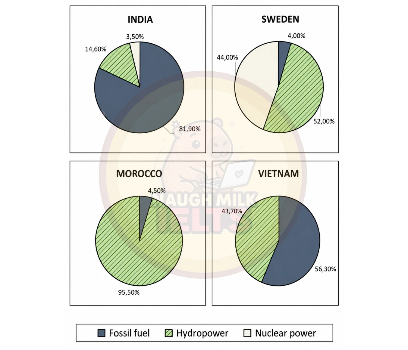 Task 1: The charts show the sources of the electricity produced in 4 countries between 2003 and 2008.