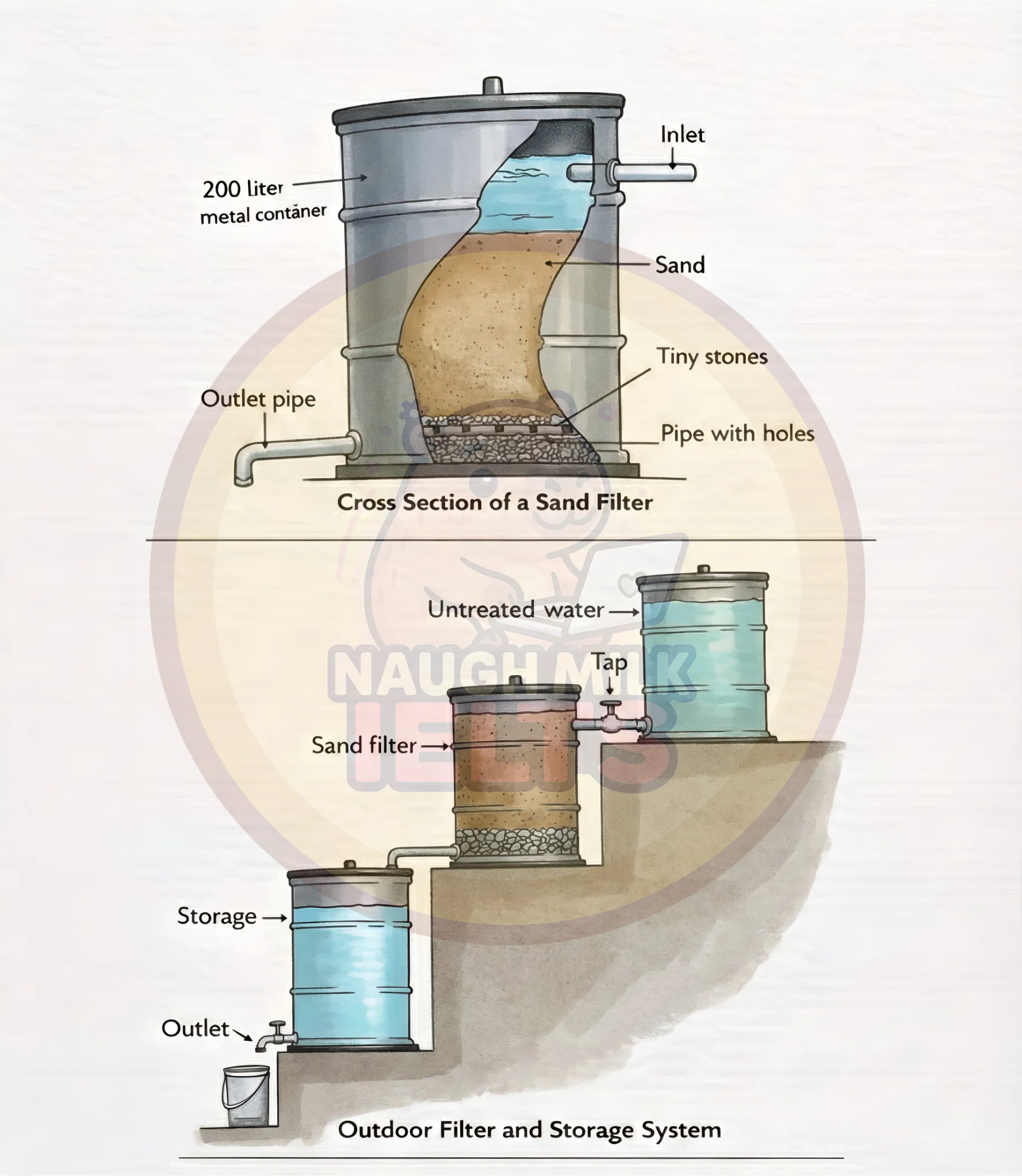 Task 1: The diagrams below show a simple method of filtering and storing water for household use.