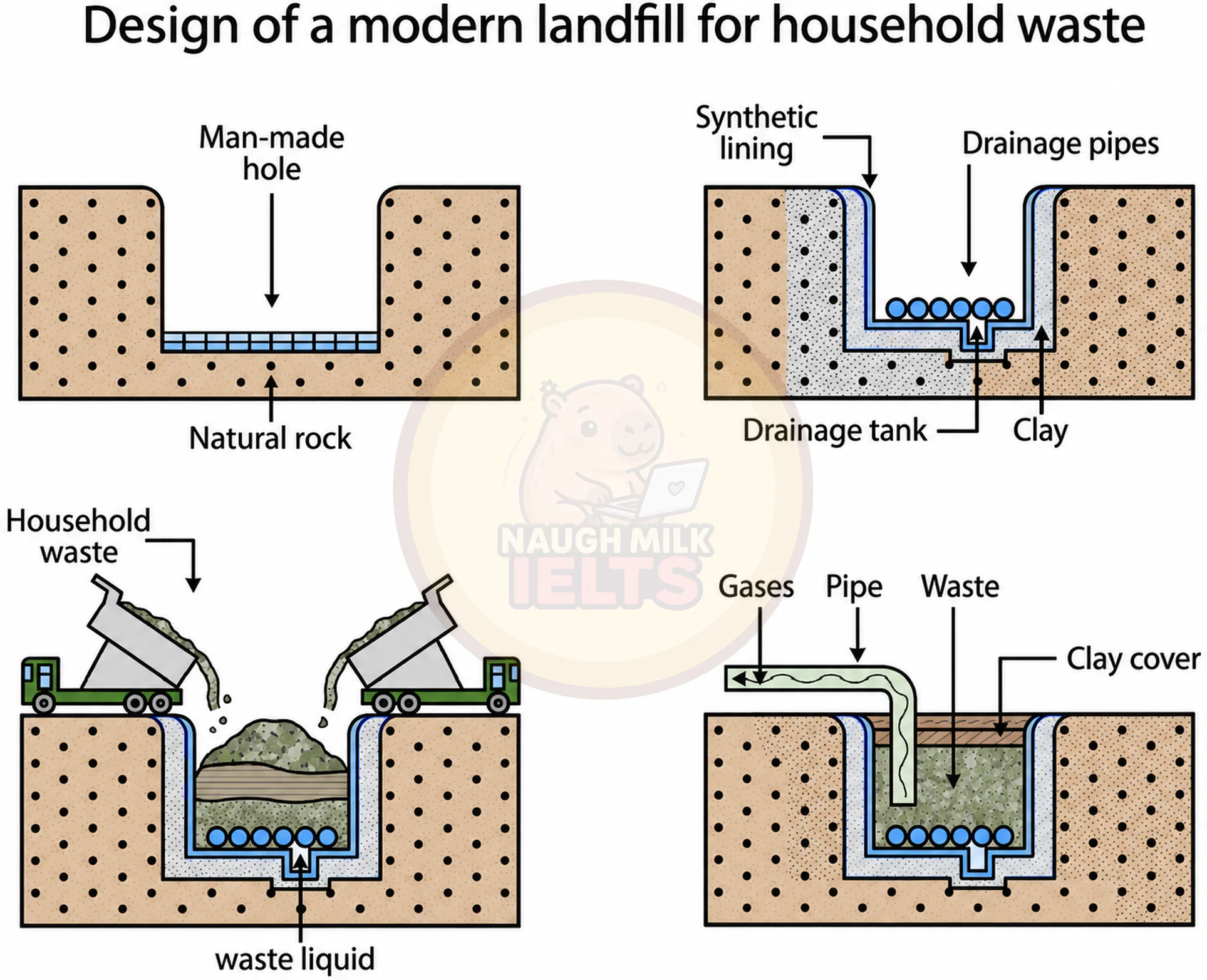 Task 1: The diagram shows the design of a modern landfill for household waste.