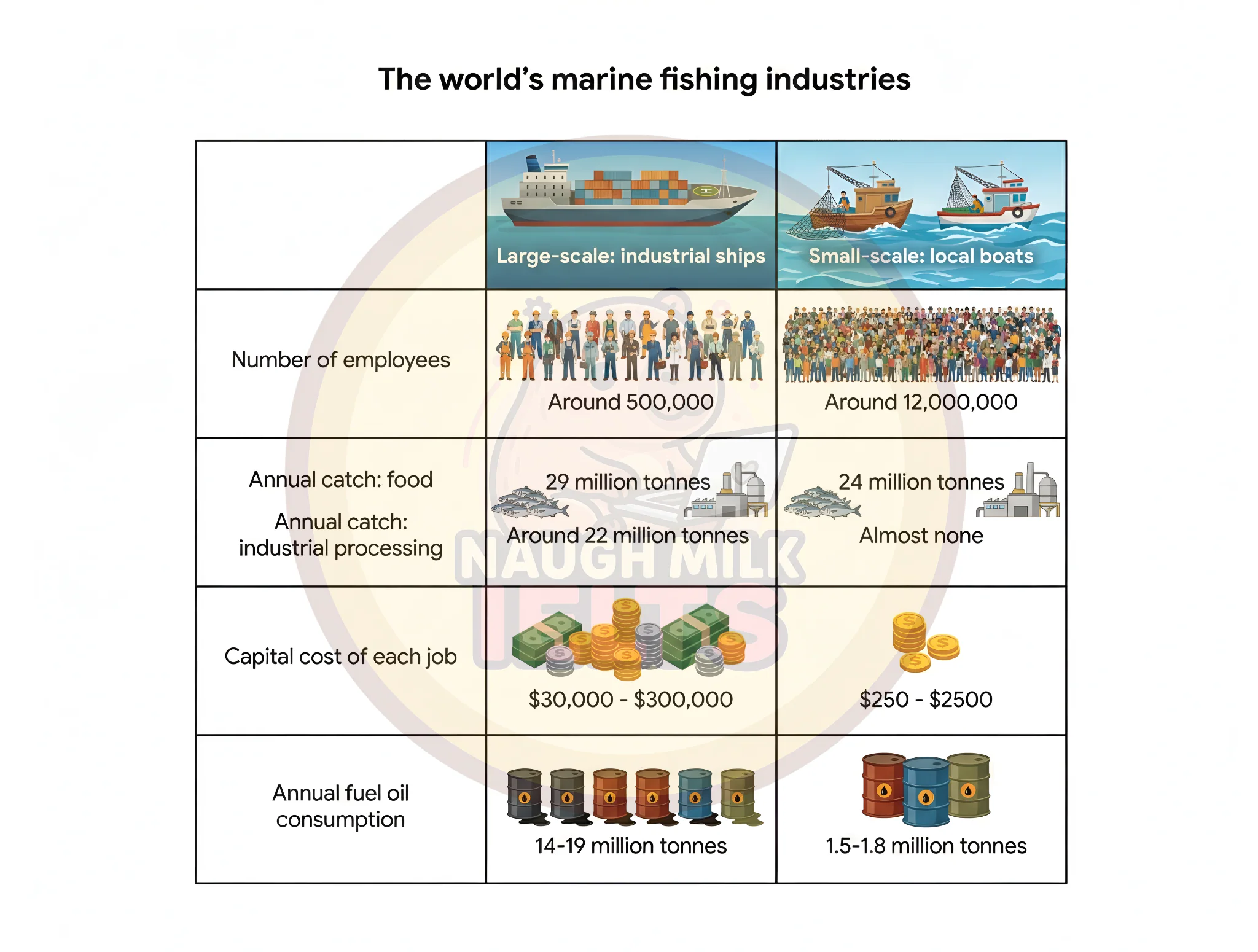 Task 1: The table below compares data for the world’s large-scale and small-scale sea fishing industries.