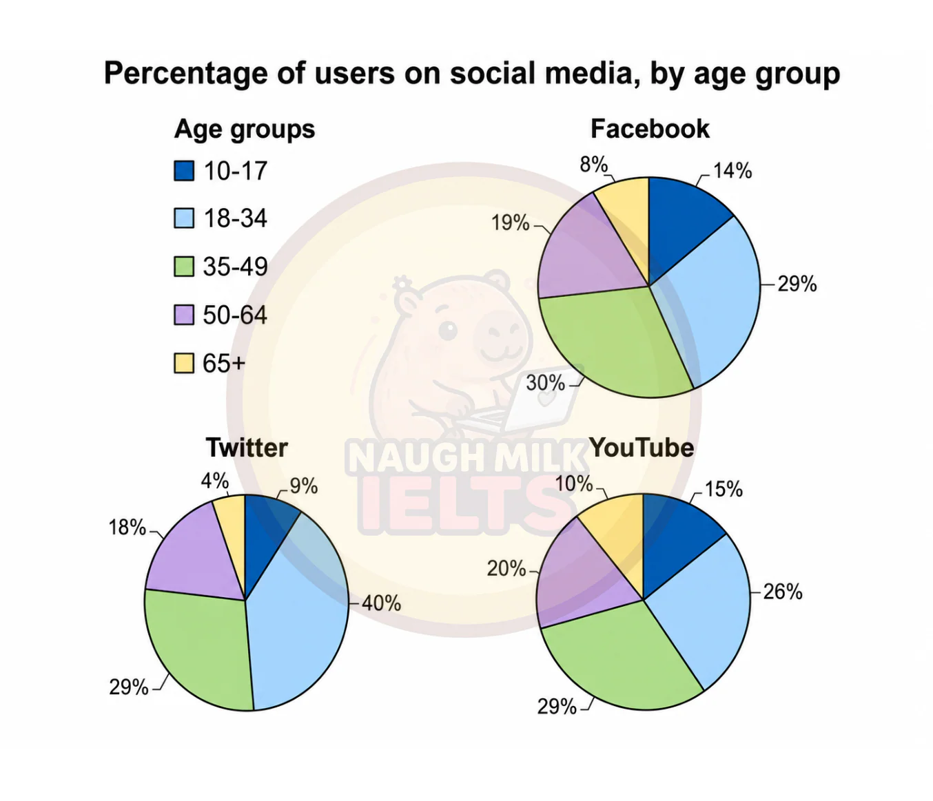 Task 1: The pie charts below compare the percentages of users across different age groups on Twitter, Facebook, and YouTube.