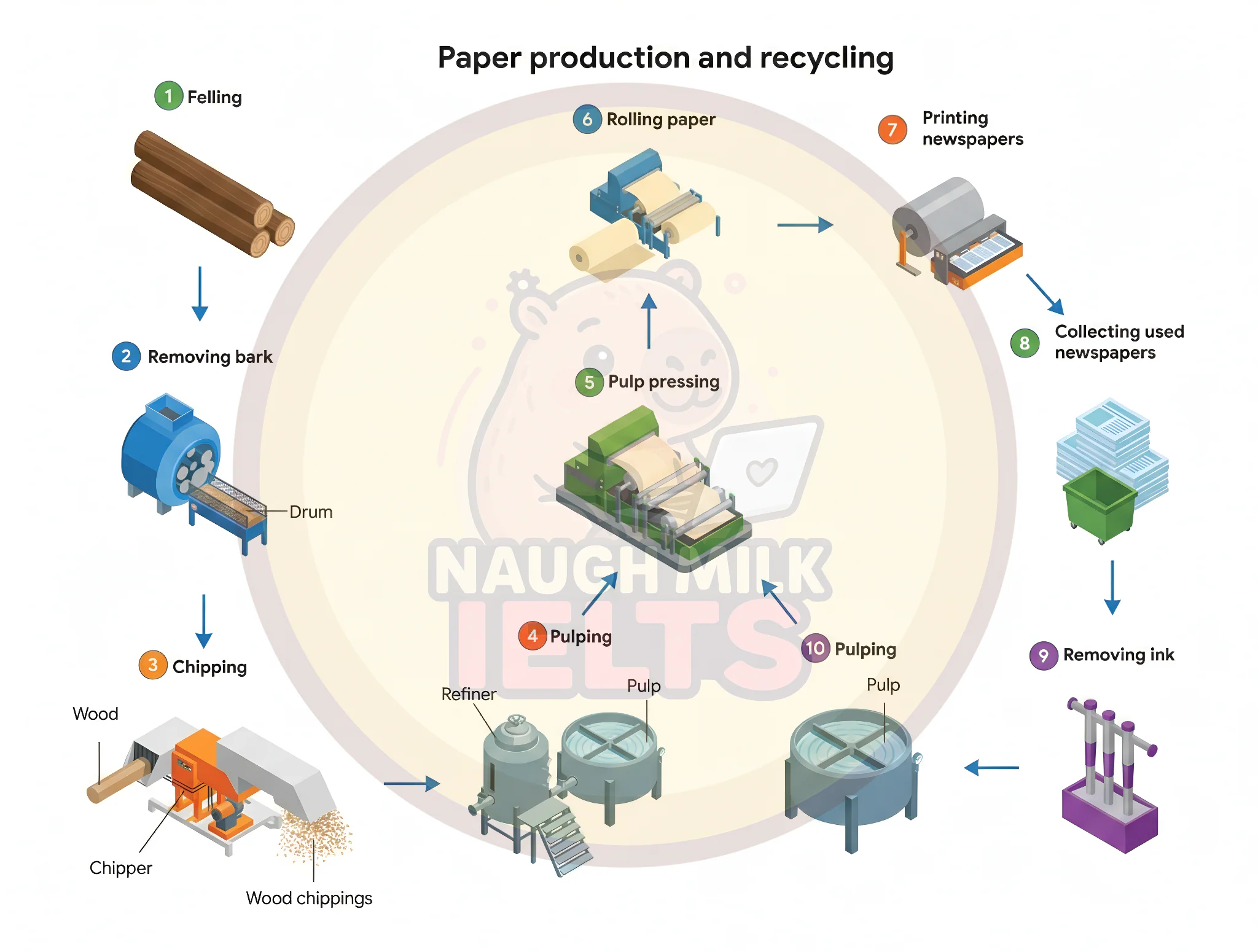 Task 1: The diagram below shows the process for producing and recycling paper.